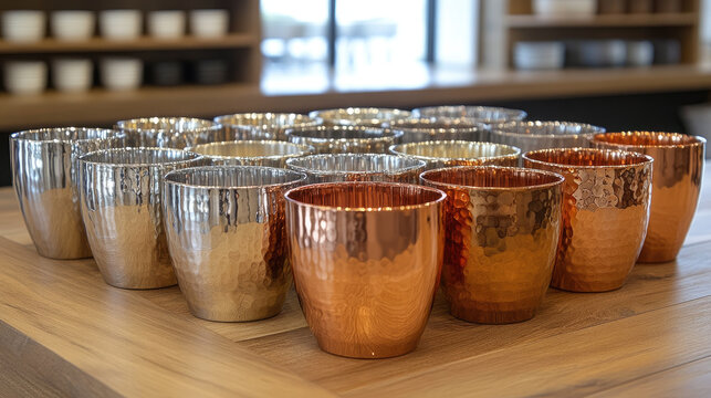 Rows of Hammered Metal Cups - Copper and Silver Finish