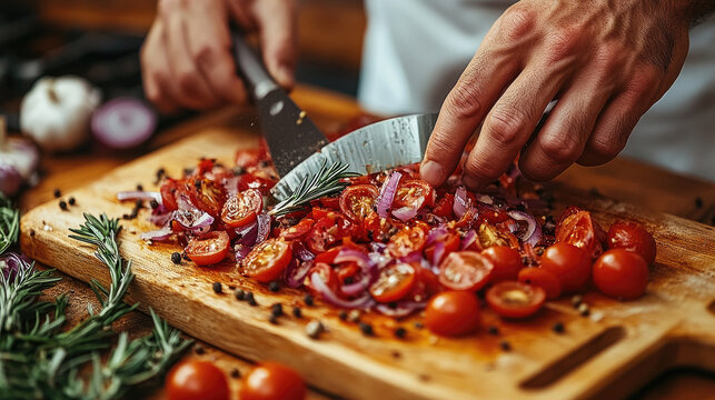 Chef chopping fresh tomatoes and red onion with rosemary on wooden cutting board, preparing healthy salad ingredient