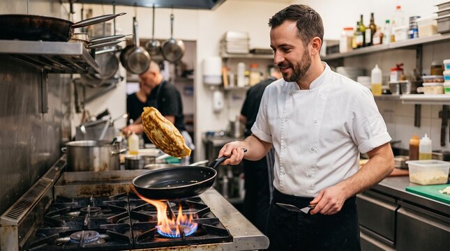 Skilled chef expertly flips a crepe in a professional kitchen with flames rising from the stove