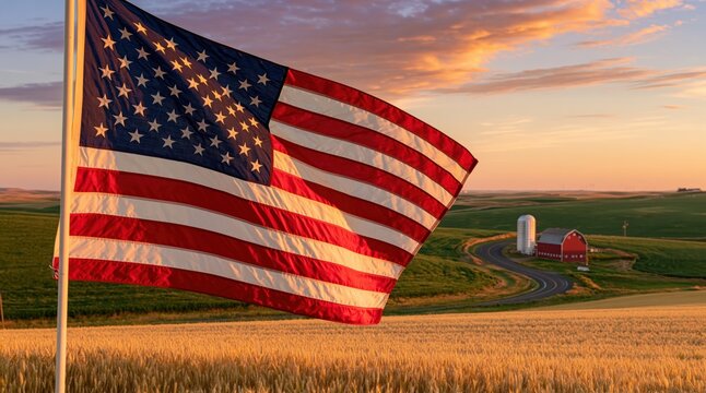 Flag waving over an american farm with a red barn and silo in the rural countryside during a warm sunset landscape