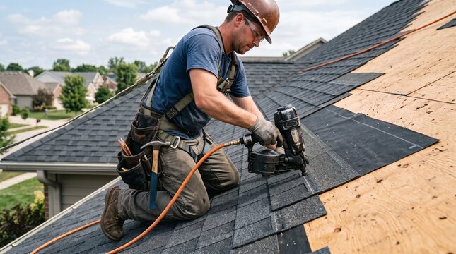 Roofer wearing safety gear uses a nail gun to install asphalt shingles on a residential house roof
