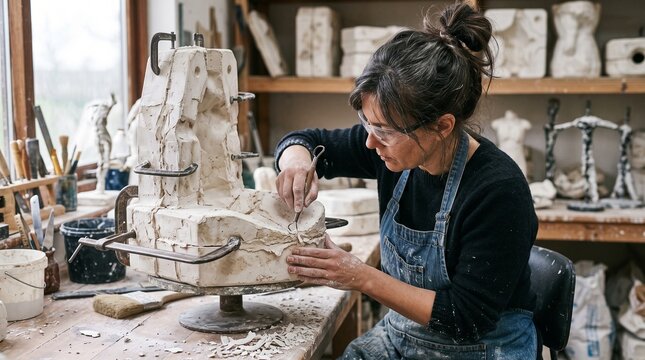 Artist meticulously carves plaster mold in a cluttered studio filled with sculptures and tools