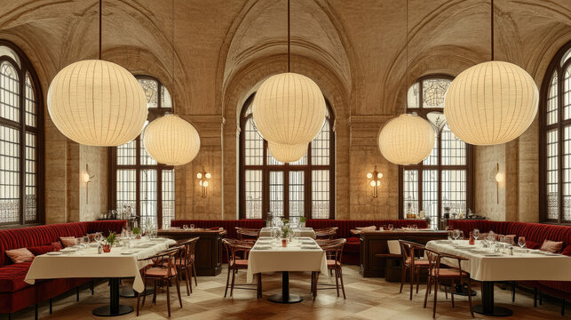 Elegant Restaurant Dining Room Interior with Large Pendant Lights and Set Tables