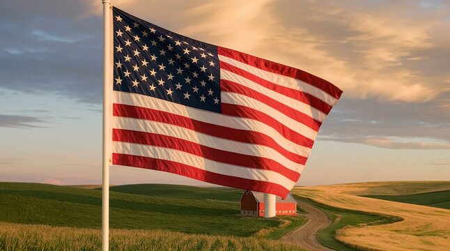 American flag waving in a scenic rural countryside landscape with a farm barn during a peaceful golden sunset