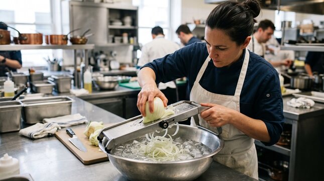 Professional chef meticulously slicing fennel on a mandoline slicer into a bowl of ice water in a busy commercial kitchen environment
