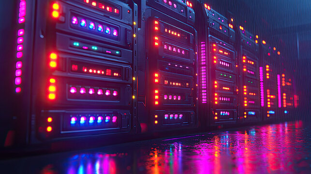 Futuristic Server Room with Neon Lights, Data Center Racks, and Glowing LEDs