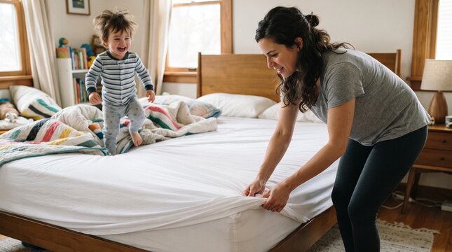 Mother making bed with joyful toddler jumping on mattress in sunlit bedroom