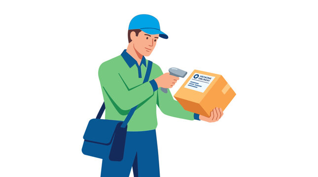 Delivery man scanning package with barcode scanner isolated on transparent background
