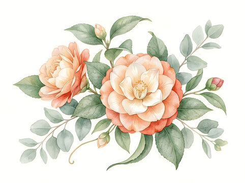 Beautiful watercolor illustration of soft peach camellia flowers with green leaves isolated on a white background