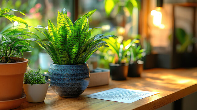 Indoor Green Plants in Pots on Wooden Table with Soft Natural Light and Bokeh Background