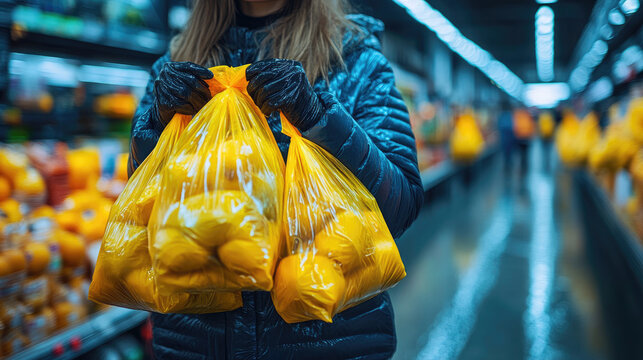 Woman with shopping bags full of lemons in grocery store, healthy food shopping, citrus fruit purchase