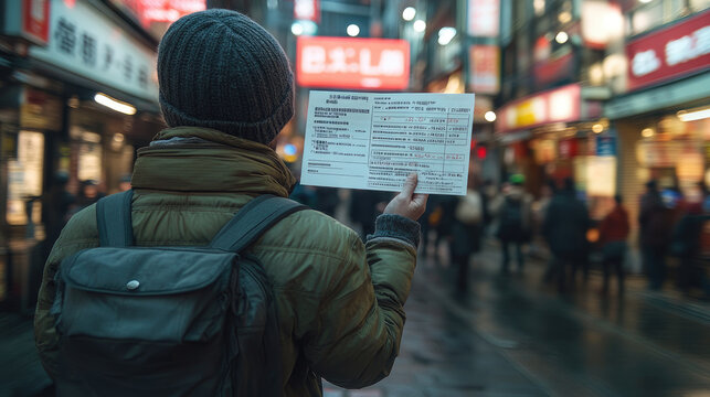 Tourist with Map in Busy Tokyo Street at Night