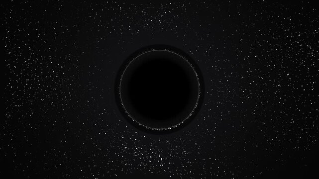 A cinematic representation of a supermassive black hole in deep space, featuring a glowing event horizon surrounded by a dense field of distant stars in the vast darkness of the cosmos