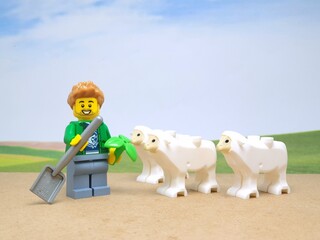 Fototapeta premium Indonesia - November 23, 2023 : Mini toy figure of lego at table with blurred background. Farmer concept design.