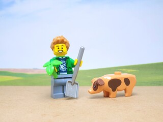 Fototapeta premium Indonesia - November 23, 2023 : Mini toy figure of lego at table with blurred background. Farmer concept design.