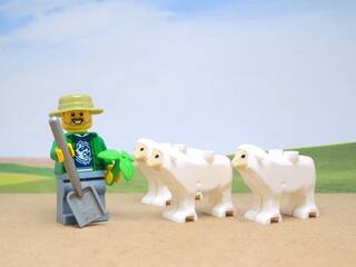 Fototapeta premium Indonesia - November 23, 2023 : Mini toy figure of lego at table with blurred background. Farmer concept design.