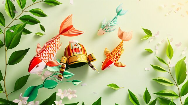 端午の節句をイメージした鯉のぼりと兜の和風ペーパークラフト立体イラスト