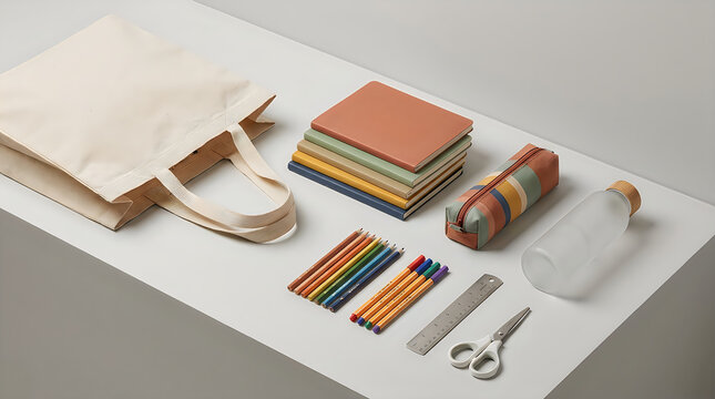 A minimalist back to school setup featuring essential stationery and study materials on a white surface