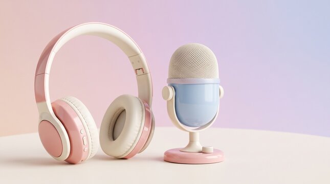 Pastel wireless headphones and studio microphone setup on minimalist gradient background for modern audio recording and podcasting equipment display