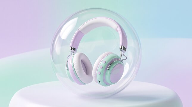 Pastel wireless headphones encased in transparent protective bubble showcasing sleek design for modern audio technology marketing materials