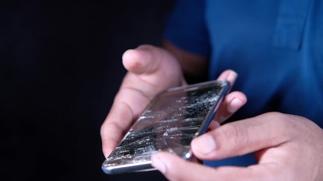 Close up of person holding broken smartphone with cracked screen