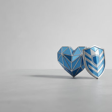 Heart shield protection abstract geometric blue heart and metallic shield on grey background