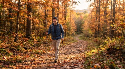 Obraz premium Smiling older man with beard hiking on a forest path covered in autumn leaves using trekking poles