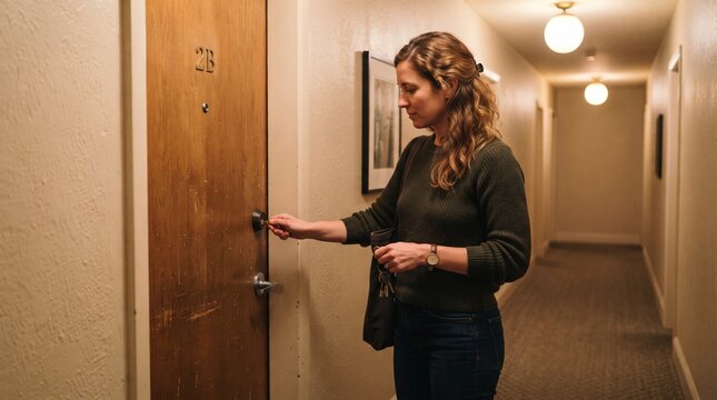 Woman unlocking apartment door 2B in dimly lit hallway with keys and tote bag