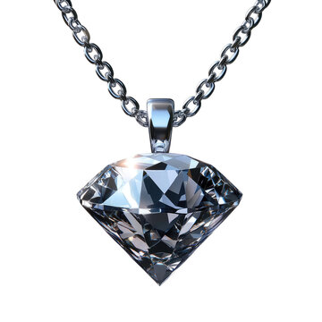 The image features a close up of a necklace with a large, sparkling gemstone pendant. The pendant is cut in a way that reflects light, creating a brilliant display of facets and shine