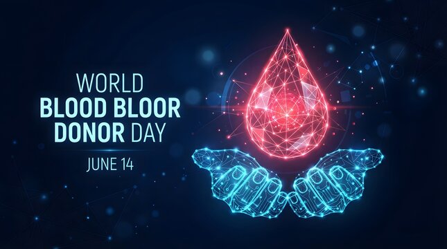 World blood donor day abstract polygonal design with a glowing blood drop and text