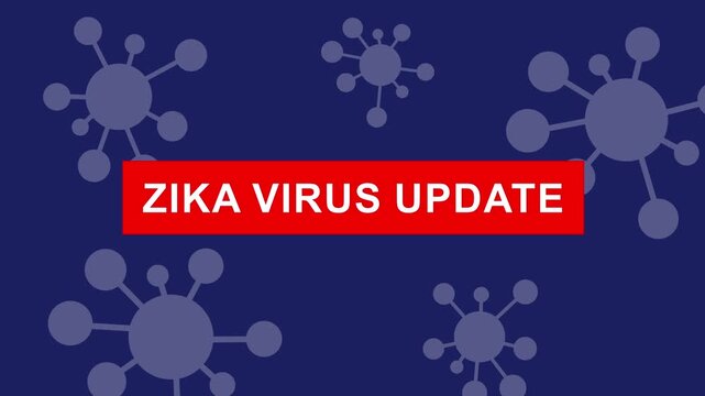 Zika virus update featuring animated microscopic pathogen cells and bold red text banner for medical news reports, public health awareness campaigns, and scientific educational media