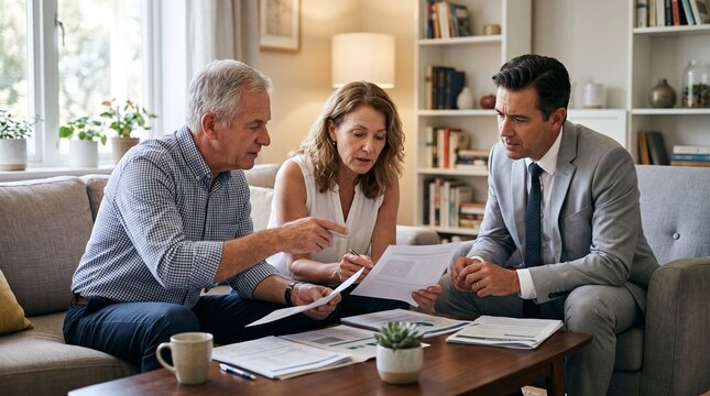 Senior couple meeting with financial advisor at home