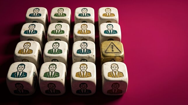 Warning sign cube among corporate worker dice on red background
