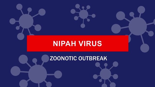 Nipah virus zoonotic outbreak medical infographic motion featuring animated viral pathogen structures and scientific alert text for global health news, epidemiology research, and disease awareness