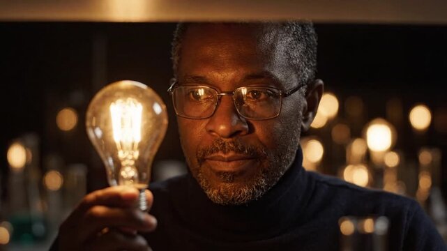 A mature African American scientist examining a glowing light bulb in a dark laboratory setting.