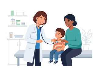 Obraz premium Pediatrician Examining Young Patient With Mother Present in Clinic