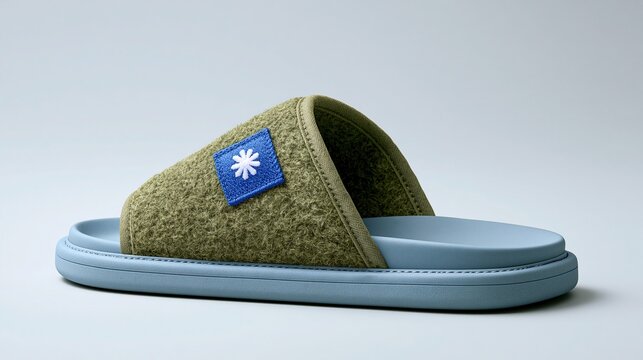 Olive green textured slipper featuring a blue embroidered flower patch design