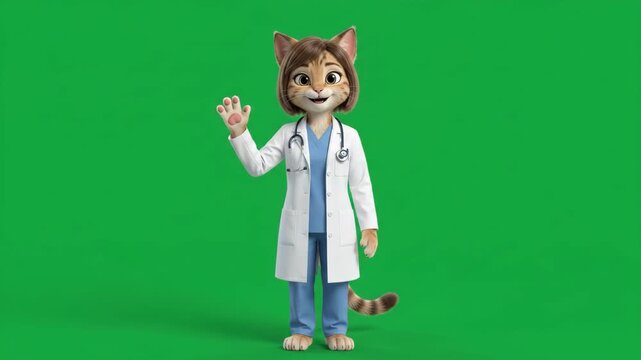 3D Animation Cute Female Cat Doctor Character Waving Hello, Isolated on Green Screen Background