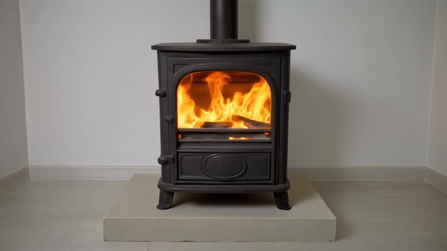 Black Cast Iron Stove with Active Flames Burning in Minimal White Interior