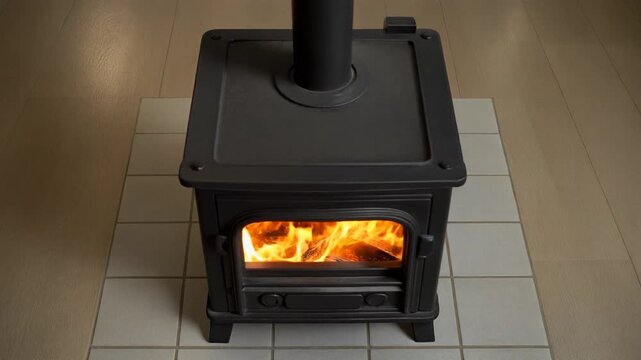 High Angle View of Black Cast Iron Wood Stove with Flickering Fire on Tiled Hearth