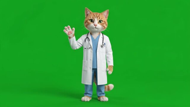 3D Animation Cute Male Cat Doctor Character Waving Hello, Isolated on Green Screen Background