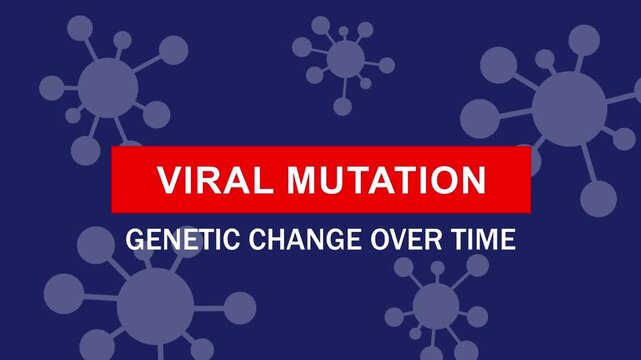 Educational motion animation illustrating viral mutation and genetic change over time with stylized microscopic pathogen cell structures floating on a deep blue background, for scientific research