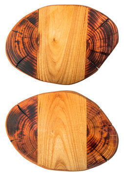 Isolated photo of wooden cuttingboard or slab sign on white background.
