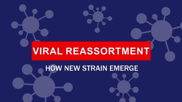 Educational motion explaining viral reassortment and the biological process of how new viral strains emerge, featuring animated molecular virus structures on a dark blue background
