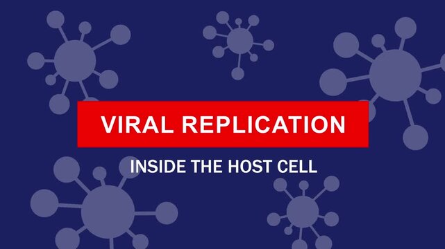 Scientific animation illustrating viral replication inside a host cell, featuring detailed microscopic pathogen structures and biological infection processes for medical education and research