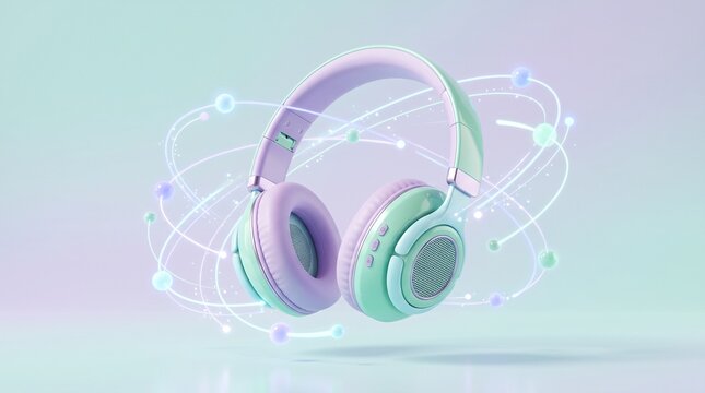 Pastel-colored wireless headphones floating in futuristic audio visualization for modern music producers and tech enthusiasts showcasing wireless c...