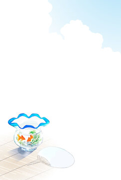 金魚鉢とうちわの暑中見舞いのイラスト