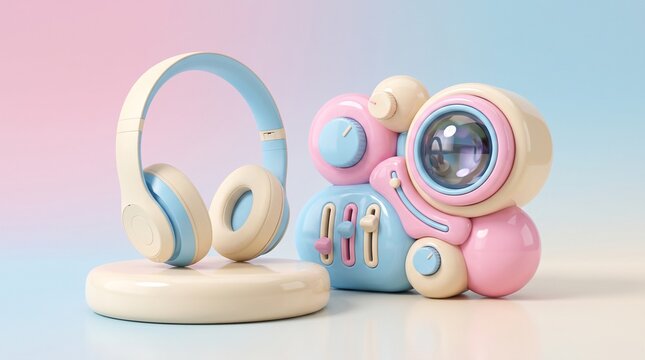 Pastel-colored wireless headphones paired with a retro-style synthesizer for music producers and audio engineers in a minimalist studio setup with...