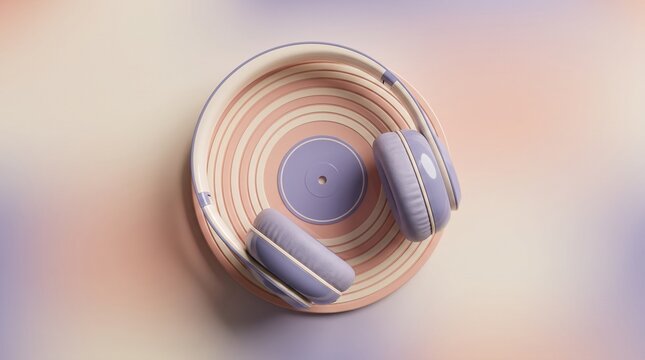 Pastel gradient wireless headphones with vinyl record aesthetic showcasing modern audio technology for music producers and casual listeners in soft...