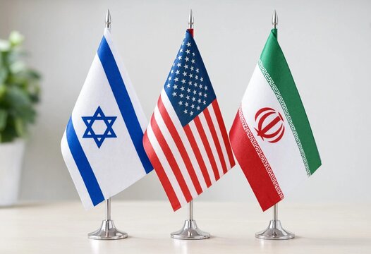 Israel, United States, and Iran desk flags symbolize international relations, geopolitics, diplomacy, conflict, national identity, foreign policy, security, and global political tensions.